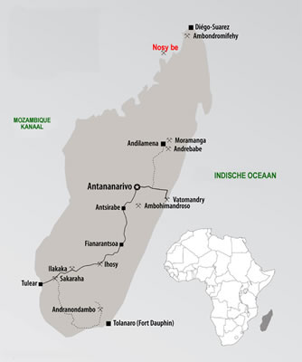 Madagaskar ligt ten oosten van de Afrikaanse kust